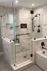 Here S A Sneak Peek At Some Of Our Latest Work A Beautiful Framless Corner Shower Door With Marble Tiles Corner Shower Corner Shower Doors Glass Shower Doors