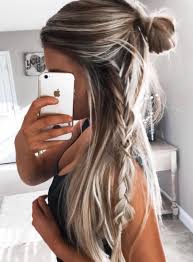 Not A Fan Of The Braid But The Messy Half Up Half Down Bun Is Cute Hair Styles Long Hair Styles Hair