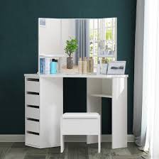 There are a variety of styles and colors to choose marking elegance in the bedroom vanity table. Ofcasa White Corner Curved Makeup Desk With 3 Mirrors 5 Drawers Vanity Storage Dressing Table With Mirror And Stool Bedroom Dresser Buy Online In Guernsey At Guernsey Desertcart Com Productid 165643309