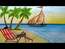 How To Draw Island Sea Beach Scenery Step By Step Beach Drawing Beach Scenery Best Drawing For Kids