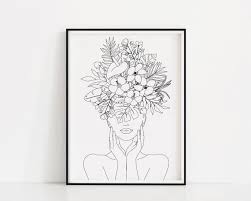 Plant Head Woman Art Print Woman With Plants On Head Poster Etsy In 2021 Flower Prints Art Outline Art Line Art Drawings