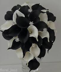 Black & white wedding bouquet with chrysanthemum, gerbera daisy and fern; Silk Wedding Bouquet Latex Black White Diamante Teardrop Calla Lily Gothic Set Ebay