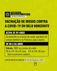 A velocidade da imunização é distinta entre os municípios mineiros, por isso, é importante ficar atento. Prefeitura De Belo Horizonte A Prefeitura Reforca Que Neste Sabado Dia 13 Somente Idosos De 88 A 86 Anos Devem Comparecer Aos Postos De Saude Para Se Vacinarem Contra A Covid 19