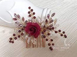 Bridal Hair Comb Burgundy Rose Hairpiece For Wedding Brides Etsy Bride Hair Accessories Floral Hair Combs Gold Bridal Hair Comb