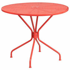 Table parts manufacturers use a variety of methods to secure the glass to the rim. Flash Furniture 35 25 Round Steel Flower Print Patio Dining Table In Coral 1 Smith S Food And Drug