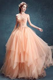 Ball Gown Sleeveless Peach Tulle Ruffle Wedding Prom Dress Peach Prom Dresses Peach Gown Ball Gowns