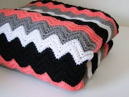 Black And White Chevron Crochet Blanket Crocheted Chevron Throw Blanket In Black White Gray Coral Crochet Throw Crochet Patterns Crochet Blanket Chevron