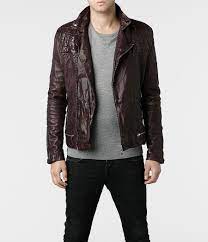 Mens Conroy Leather Biker Jacket Oxblood Allsaints Com Leather Jacket Men Leather Jacket Jackets Men Fashion