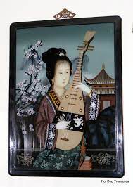 Vintage Chinese Reverse Painting On Glass In Original Rosewood Frame Glass Painting Chinoiserie Chic Glass Pictures