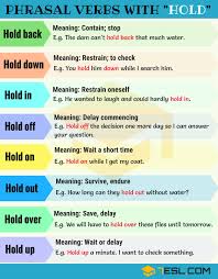 Phrasal Verbs With Hold Hold Up Hold Down Hold On Hold Back Hold Off 7 E S L English Idioms Learn English Vocabulary English Verbs