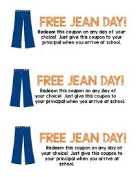 Yes, casual fridays can include jeans (yay!) if you remember these words to live by: Staff Morale Booster Jeans Day Tickets Jean Punch Cards No Duty Punch Cards
