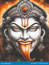 Intense Portrayal of Goddess Kali with Powerful Eyes and Unique Expressions  in a Fiery Backdrop Stock Photo