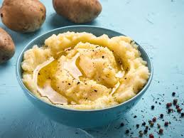Mashed Potatoes On Blue Concrete Background In 2020 Mashed Potatoes Stuffed Peppers Concrete Background