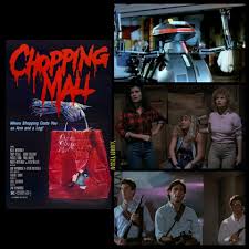 Chopping Mall (1986) Kids decide to spend the night in a mall, hiding until  close to spend the evening, rummaging through stores, and sleeping around.  Yet, their presence triggers the newest security