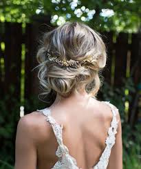 Messy Short Hair Updo With A Boho Headband Romantic Wedding Hair Crown Hairstyles Flowers In Hair