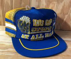 Vintage 3 Stripe This Cap Stops At All Bars Beer Cocktail Trucker Hat Blue Gold Usamade Truckerhat Casual Trucker Hat Vintage Trucker Hats Beer Hat