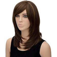 Straight Dark Brown Wigs Medium Length Strands Wigs With Bangs High Resistant Synthetic Wigs 16 Inch Medium Hair Styles Brown Wig Medium Length Hair Styles