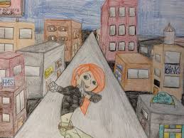 One Point Perspective Superhero For The Element Of Space Students Design A One Point Perspective Cityscape An Art Lesson Plans Elements Of Art Art Programs