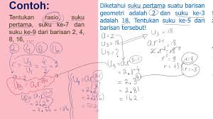 Misalkan kita memiliki barisan geometri dimana suku pertama (u₁ atau a) adalah 3 dan rasio (r) adalah 2 jadi, jika suku pertama adalah 3, maka diperoleh : Barder Geometri Youtube