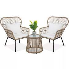 Best Choice Products 3 Piece Patio Conversation Bistro Set Outdoor Wicker W 2 Chairs Cushions Side Table Tan In 2021 Glass Top Side Table Patio Furniture Sets Patio Seating Sets