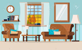 Another piece that utilizes modular building blocks to let you arrange your ad hoc set up. Cartoon Flat Design Vector Illustration Of Cozy Living Room With Furniture And Window View Of Autumn Fields Landscape Sofa Armchair Wall Clock Mirror Coffee Table Lamp Books Shelf Royalty Free Cliparts