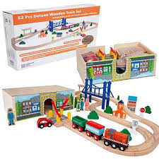 Orbrium Toys 52 Pcs Deluxe Wooden Train Set With 3 Destinations Fits Thomas Brio Chuggingto In 2020 Wooden Train Set Wooden Train Train Set