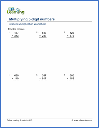 grade 6 math worksheets multiplication in columns 3 by 3 digits k5 learning