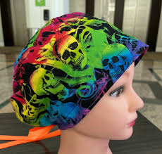Rainbow Skulls Halloween Scrub Cap Euro Stlye With Ribbon Ties or Toggle  Cord Lock