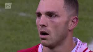😢🏴󠁧󠁢󠁷󠁬󠁳󠁿 Dyma George North yn colli deigryn yn ystod Hen Wlad fy  Nhadau wrth iddo chwarae ei gêm olaf dros Gymru.