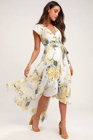 French Countryside White And Yellow Floral Print High Low Dress High Low Dress Dresses Yellow Floral Print Dress