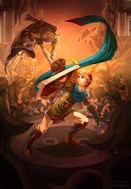 ayuuniiart, link, nintendo, the legend of zelda, commentary, english  commentary, highres, 6+boys, brown footwear, clenched hands, colored skin,  creature, curtains, fighting, fighting stance, fingerless gloves, full  body, gloves, goblin, goblin male, green