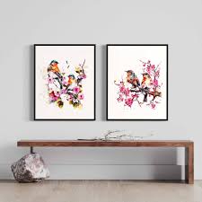 Birds and Cherry Blossom Art, Set of 2 Watercolor Art Print, Birds Painting  Wall Art Decor, Original Artwork by Artist
