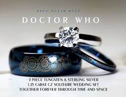 Blue Doctor Who His 8mm Tungsten And Hers 4mm 925 Sterling Silver 1 25 Carat Solitaire Cz Wed Doctor Who Wedding Cz Wedding Ring Sets His And Her Wedding Rings