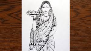 How To Draw A Traditional Girl With Puja Thali Indian Girl Drawing G Girly Drawings Girl Drawing Art Drawings Sketches Creative