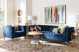 Baxton Studio Zanetta Glam Luxe Navy Velvet Upholstered Gold Finished 2 Piece Sofa Lounge Chair Set Tsf 7723 Navy Gold 2pc Set