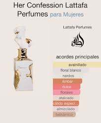 ORIGINAL - mujer Her Confession de Lattafa. Las Notas de Salida son M&iacute;stico  y canela; las Notas de Coraz&oacute;n son nardos, Mahonial, jazm&iacute;n y incienso; las  Notas de Fondo son vainilla, haba