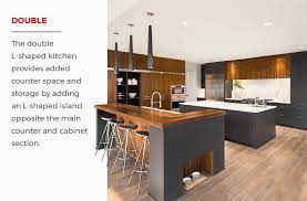 The Double L Shaped Kitchen Provides Added Counter Space And Storage By Adding An L Shaped Island Opposi L Shape Kitchen Layout L Shaped Kitchen Kitchen Layout