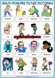 Activity 1 look at the pictures of people and answer the questions: Health Problems Esl Printable Picture Dictionary For Kids Dictionary For Kids Vocabulary Games For Kids Health Problems