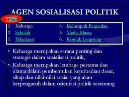 Sebagai agen sosialisasi, keluarga terdiri dari dua jenis, yaitu keluarga inti, terdiri dari ayah, ibu, dan anak, dan keluarga besar, yang di dalamnya juga terdapat kakek, nenek, paman, bibi, dan lain sebagainya. Media Sosialisasi Politik