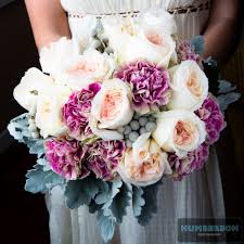 .purple and white carnation arrangements 3. Stunning Bridal Bouquet With Peach Garden Roses Purple Carnations And Lambs Ear