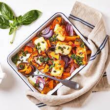 Halloumi Roast Sweet Potato Tray Bake Roasted Sweet Potatoes Vegetarian Recipes Easy Recipes
