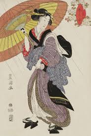 Thekimonogallery Woman In Rain With Umbrella Ukiyo E Woodblock Print About 1800 Japan Artist Utagaw Japanese Woodblock Printing Ukiyoe Japanese Painting