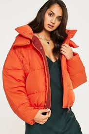 Black And Orange Bomber Jacket Womens Uo Orange Contrast Lined Pillow Puffer Jacket Jackets Bomber Jacket Winter Jackets For Women