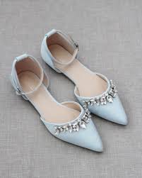 Light Blue Satin Pointy Toe Flats With Teardrop Rhinestones Embellishments Womens Wedding Shoes Bridal Shoes Flats Blue Heels Wedding