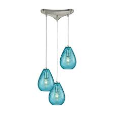 Titan Lighting Lagoon 3 Light Triangle Pan In Satin Nickel With Aqua Water Glass Pendant Tn 473049 The Home Depot