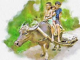 Children Enjoying Carabao Ride By Nestor Javier Watercolor Paintings Watercolor Art