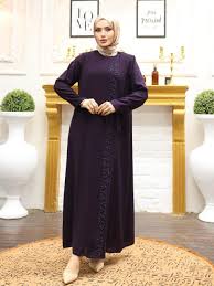 Double Layer Side Tie Abaya with Stone Detail on the Front - Purple