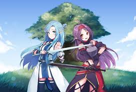 Two Women S Blue And Purple Hair Anime Characters Konno Yuuki Long Hair Pointed Ears Red Eyes Sword Art Onlin Sword Art Sword Art Online Yuuki Sword Art Online