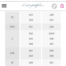 free people bra size chart