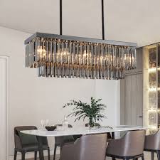 Smoke Crystal Rectangle Pendant Light 10 12 Bulbs Modern Hanging Chandelier For Dining Room 31 5 39 Wide Takeluckhome Com